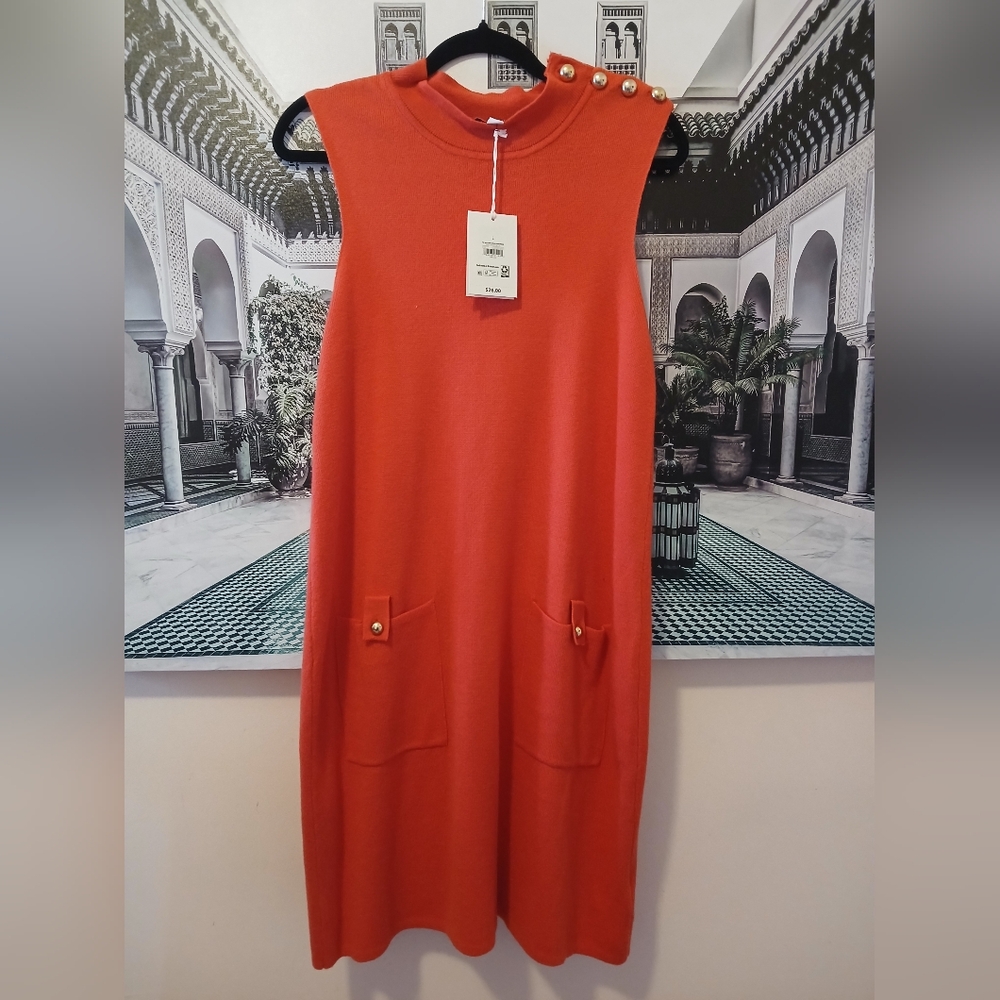 Elegant Orange Sleeveless Dress with Gold Accents